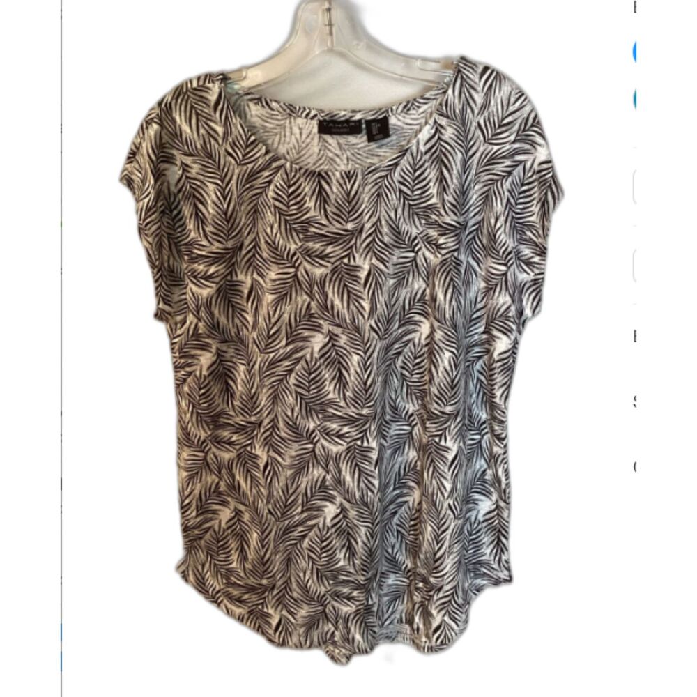 TAHARI SIZE LARGE 100% LINEN BLACK & WHITE LEAF PRINT CAP SLEEVE TOP